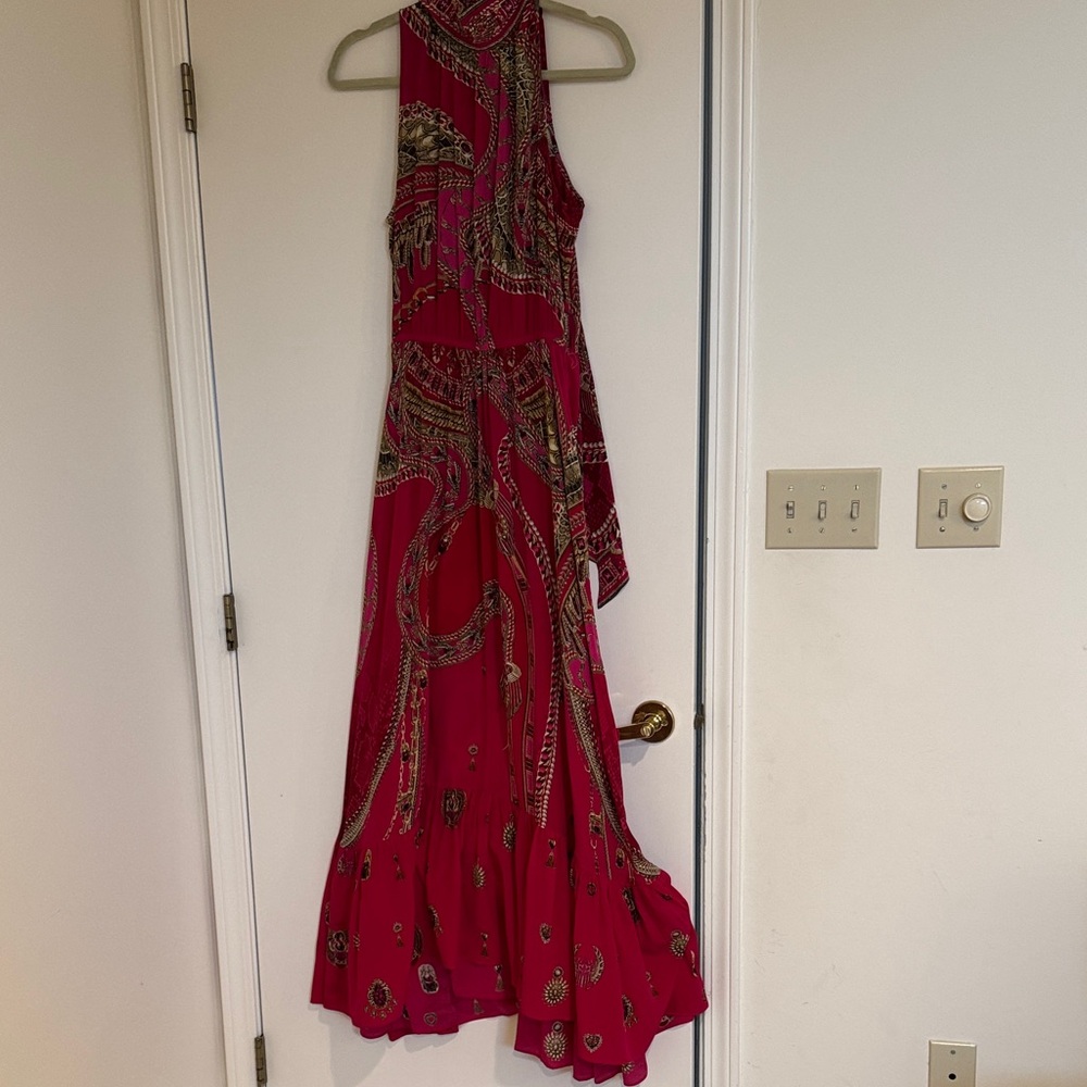 Elegant red and pink Maxi Dress in fun jewel print.